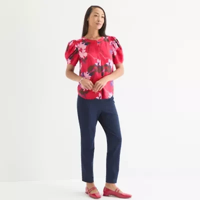 Liz Claiborne Womens Split Crew Neck Short Sleeve Blouse