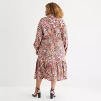 St. John's Bay Womens Long Sleeve Floral Midi Dress Plus