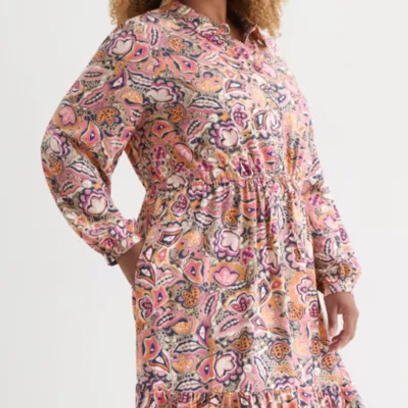 St. John's Bay Womens Long Sleeve Floral Midi Dress Plus