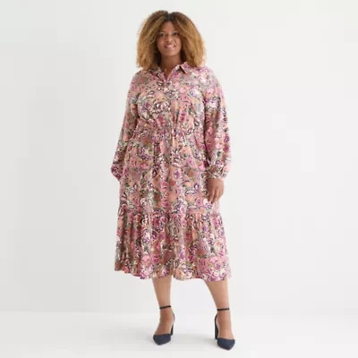 St. John's Bay Womens Long Sleeve Floral Midi Dress Plus