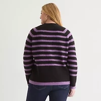 Liz Claiborne Plus Womens Crew Neck Long Sleeve Striped Pullover Sweater
