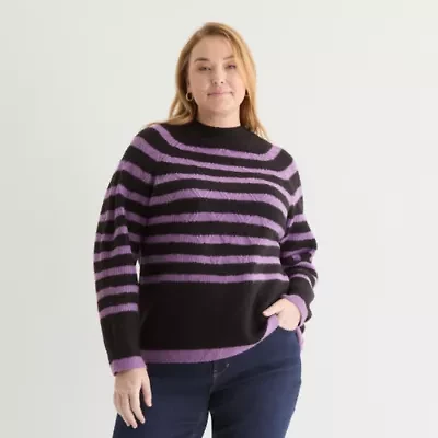 Liz Claiborne Plus Womens Crew Neck Long Sleeve Striped Pullover Sweater
