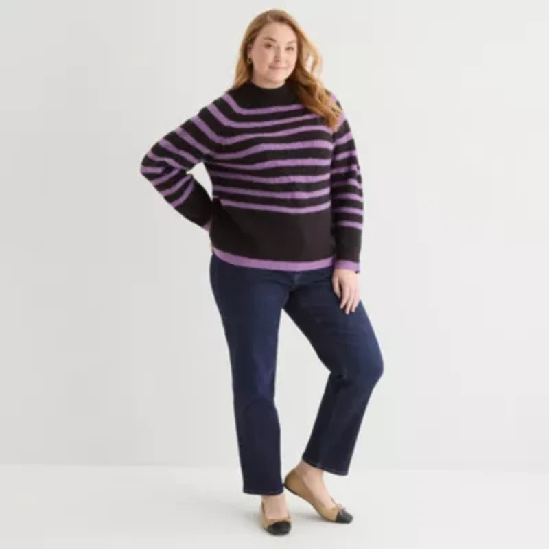 Liz Claiborne Plus Womens Crew Neck Long Sleeve Striped Pullover Sweater