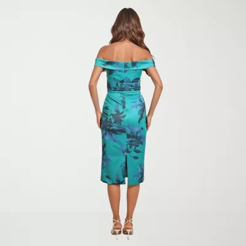 Rene by Ruiz Collection Off The Shoulder Womens Short Sleeve Midi Sheath Dress