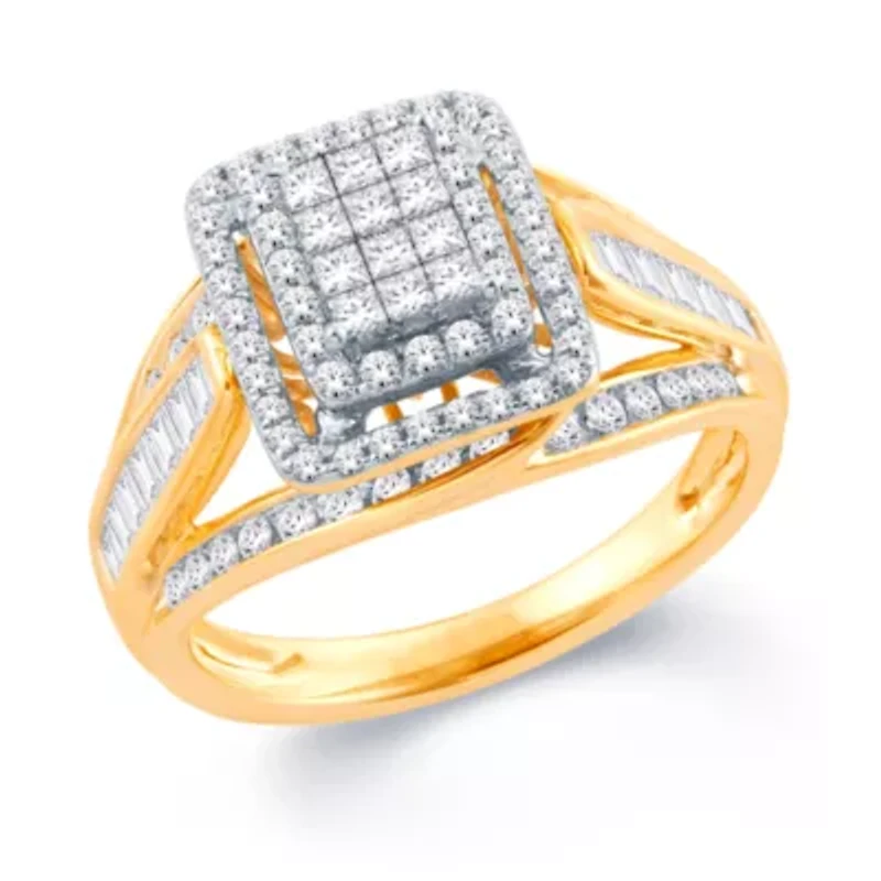 Womens 1 CT. T.W. Natural White Diamond 10K Gold Side Stone Halo Engagement Ring