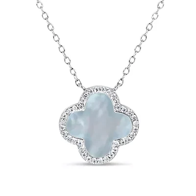Womens White Mother Of Pearl Sterling Silver Clover 16 1/2 Inch Pendant Necklace