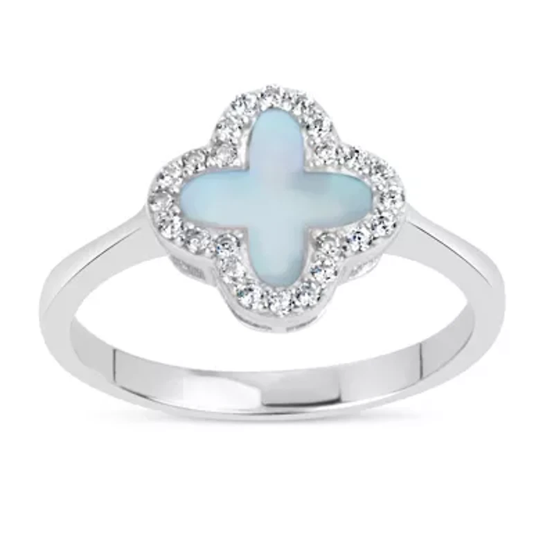 Womens White Mother Of Pearl Sterling Silver Cocktail Ring