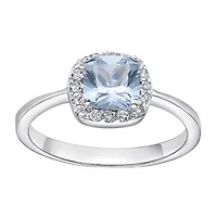 Cushion-Cut Simulated Aquamarine and Genuine White Topaz Sterling Silver Ring