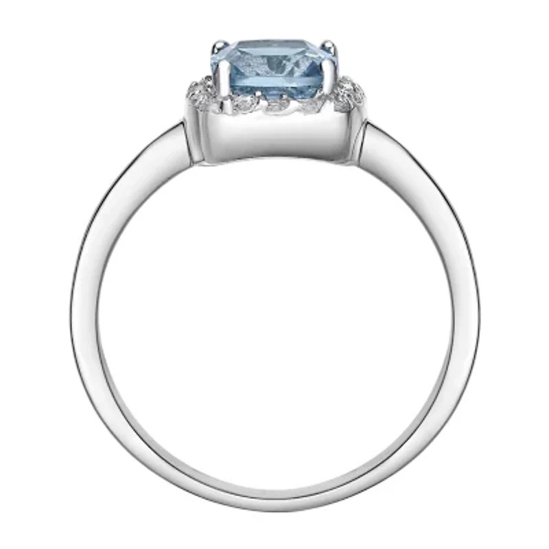 Cushion-Cut Simulated Aquamarine and Genuine White Topaz Sterling Silver Ring