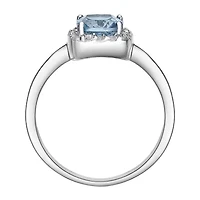 Cushion-Cut Simulated Aquamarine and Genuine White Topaz Sterling Silver Ring