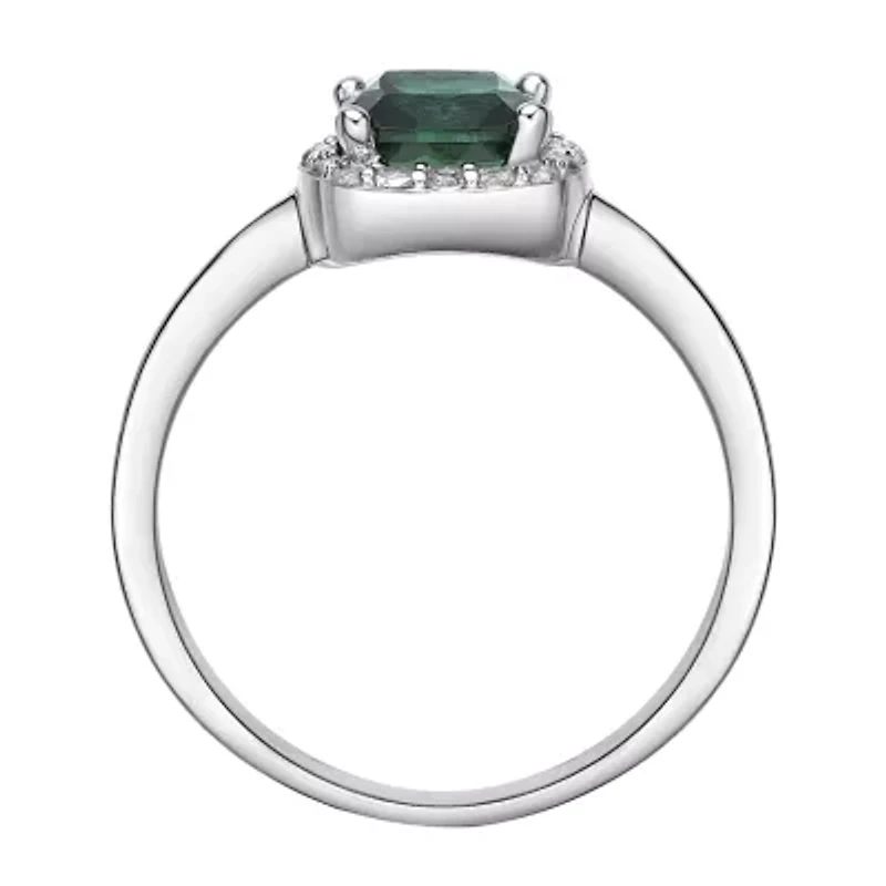 Cushion-Cut Lab-Created Emerald and Genuine White Topaz Sterling Silver Ring