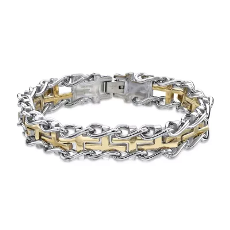 Mens Stainless Steel and Gold Ion Plated Cross Link Bracelet