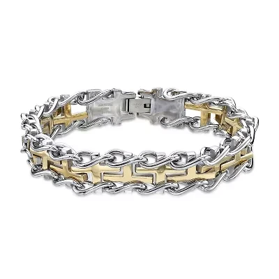 Mens Stainless Steel and Gold Ion Plated Cross Link Bracelet