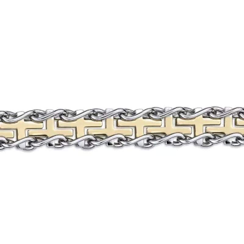 Mens Stainless Steel and Gold Ion Plated Cross Link Bracelet