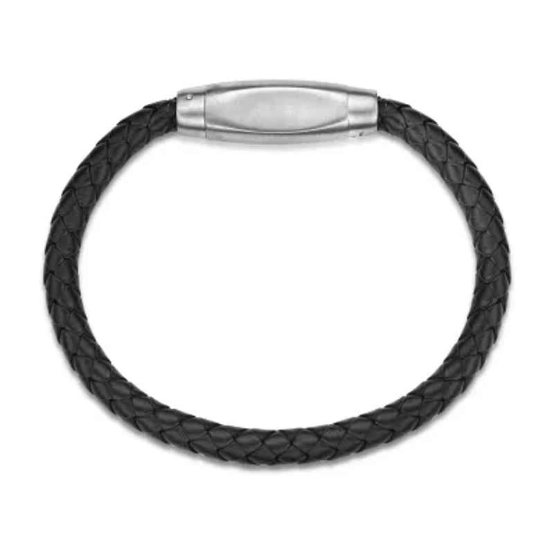 Mens Braided Black Leather Stainless Steel Bracelet