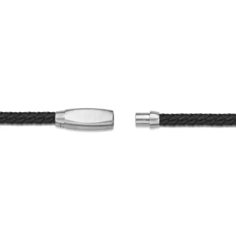 Mens Braided Black Leather Stainless Steel Bracelet