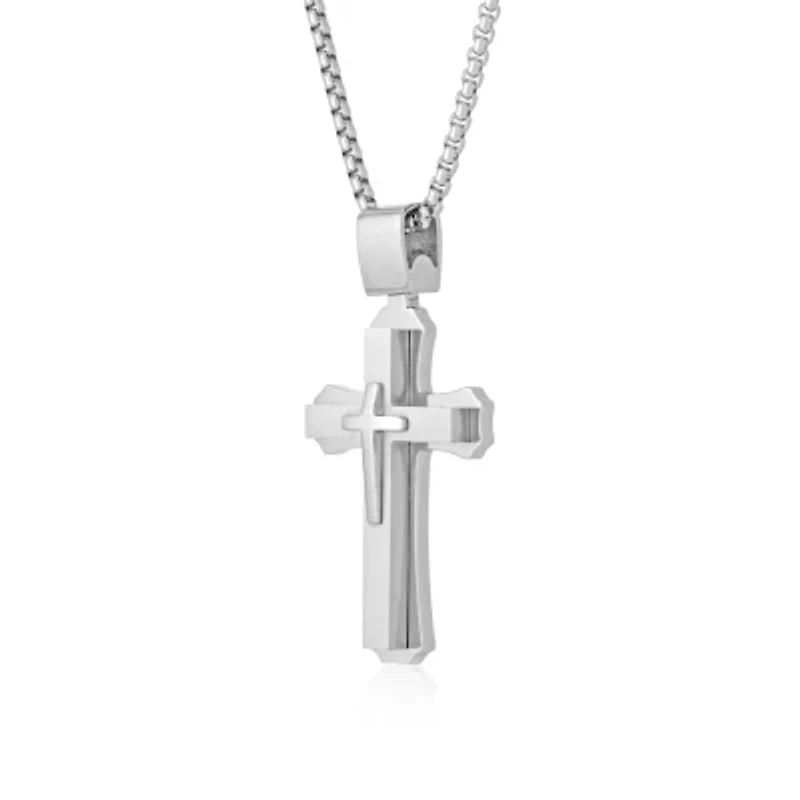 Mens Stainless Steel Triple Layer Cross Pendant Necklace