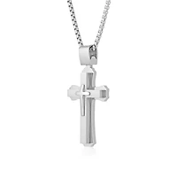 Mens Stainless Steel Triple Layer Cross Pendant Necklace