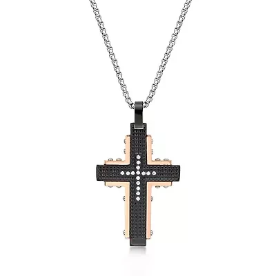 Mens Cubic Zirconia Black Stainless Steel and Rose IP Textured Cross Pendant Necklace