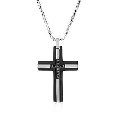 Mens 1/6 CT. T.W. Diamond Black Stainless Steel Cross Pendant Necklace