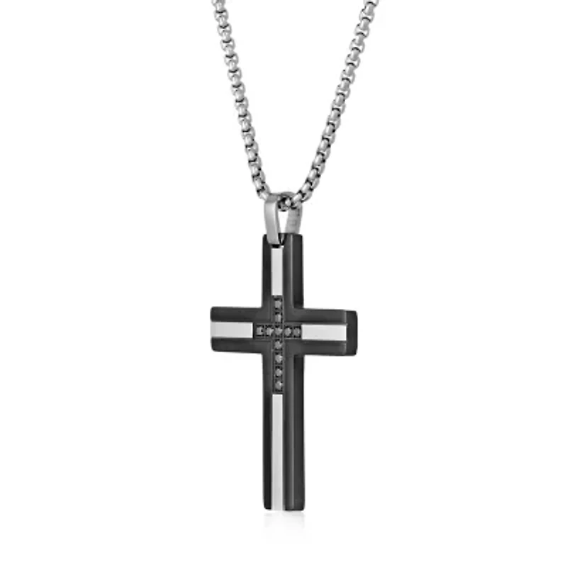 Mens 1/6 CT. T.W. Diamond Black Stainless Steel Cross Pendant Necklace