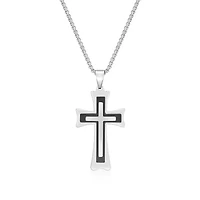 Mens Two-Tone Stainless Steel Triple Layer Cross Pendant