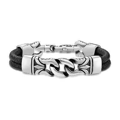 Mens Black Leather and Stainless Steel Chain Bracelet