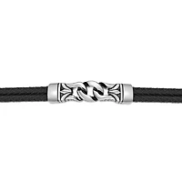 Mens Black Leather and Stainless Steel Chain Bracelet