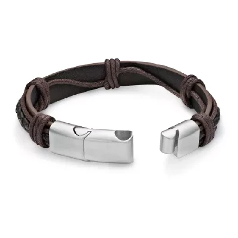 Mens Brown Leather Stainless Steel Bracelet