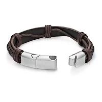 Mens Brown Leather Stainless Steel Bracelet