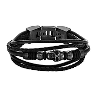 Mens Black Leather and Stainless Steel Skull Bracelet