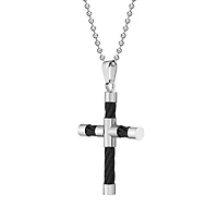 Mens Stainless Steel & Black IP Cable Cross Pendant Necklace