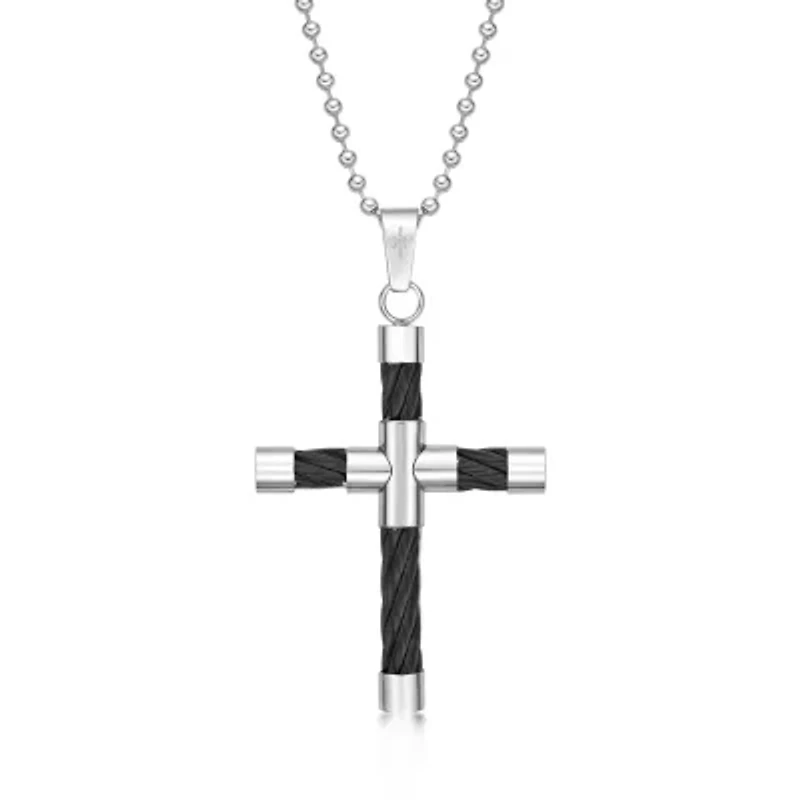 Mens Stainless Steel & Black IP Cable Cross Pendant Necklace