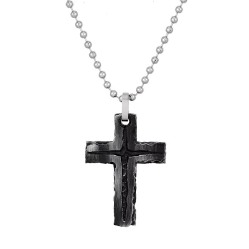 Mens Antique Finish Stainless Steel Cross Pendant Necklace