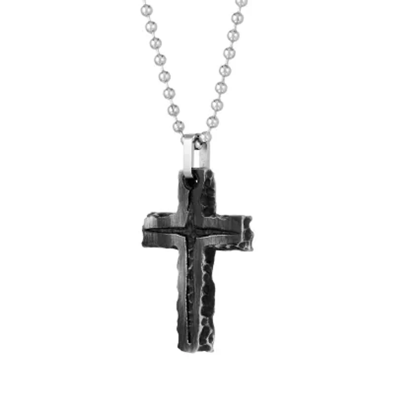 Mens Antique Finish Stainless Steel Cross Pendant Necklace