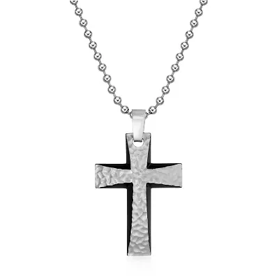 Mens Hammered Stainless Steel Cross Pendant Necklace