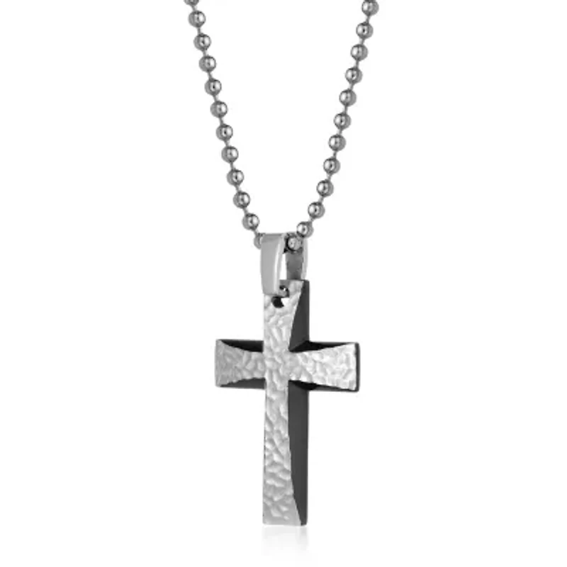 Mens Hammered Stainless Steel Cross Pendant Necklace