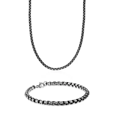 Mens Stainless Steel & Black IP Inlay 5.5mm Round Box Chain & Bracelet Boxed Set
