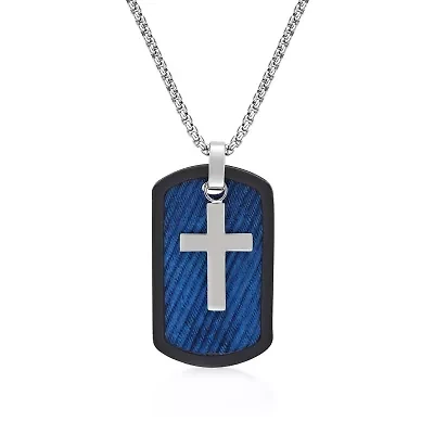 Mens Stainless Steel Cross Dog Tag 24 Inch Pendant Necklace