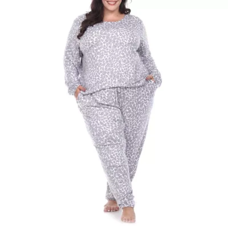 White Mark Womens Round Neck Long Sleeve 2-pc. Plus Pajama Sets