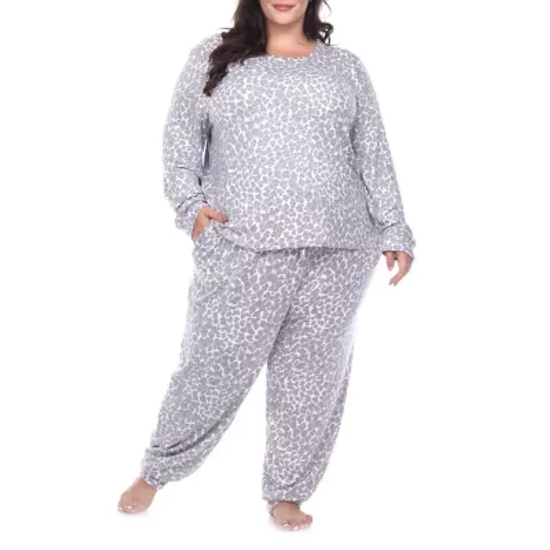White Mark Womens Round Neck Long Sleeve 2-pc. Plus Pajama Sets