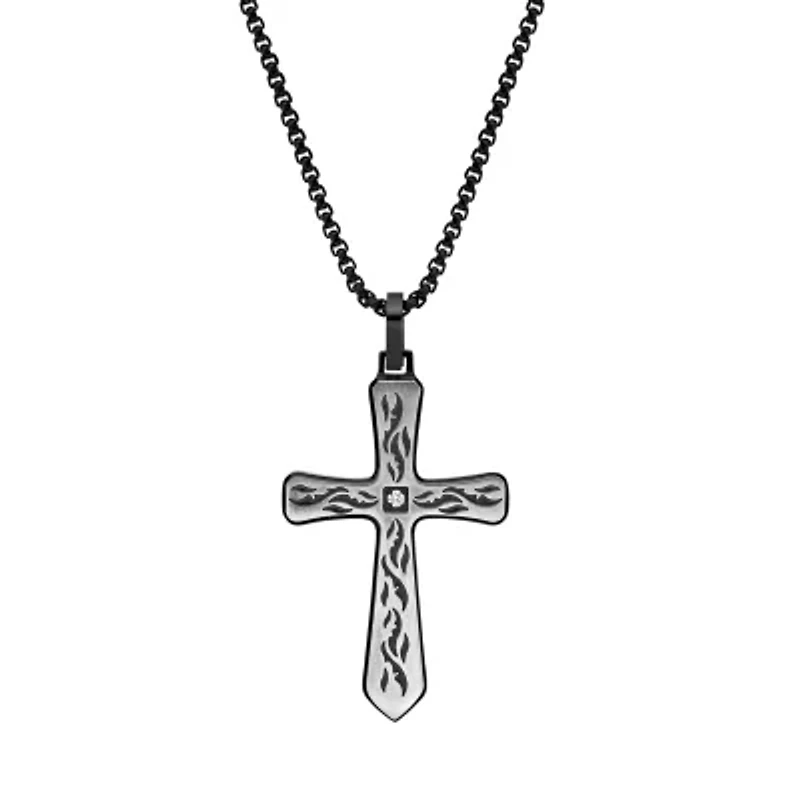 Mens White Cubic Zirconia Sterling Silver Cross 24 Inch Pendant Necklace