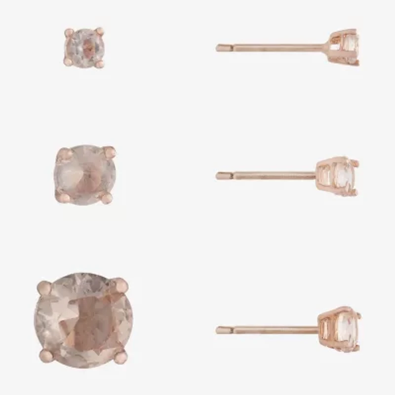 Silver Treasures Womens Pink 14K Rose Gold Over Silver Round 3 Pair Earring Set