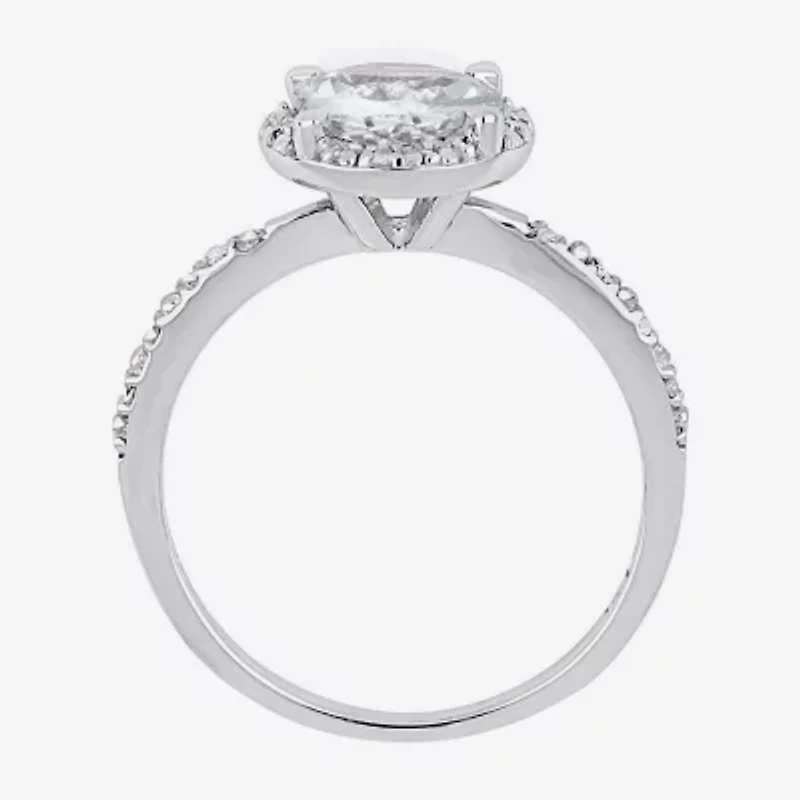 Modern Bride Gemstone Womens Diamond Accent Genuine Blue Aquamarine Sterling Silver Round Side Stone Halo Engagement Ring