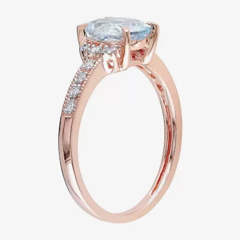 Womens Diamond Accent Genuine Blue Aquamarine 18K Gold Over Silver Oval Engagement Ring