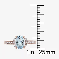 Womens Diamond Accent Genuine Blue Aquamarine 18K Gold Over Silver Oval Engagement Ring