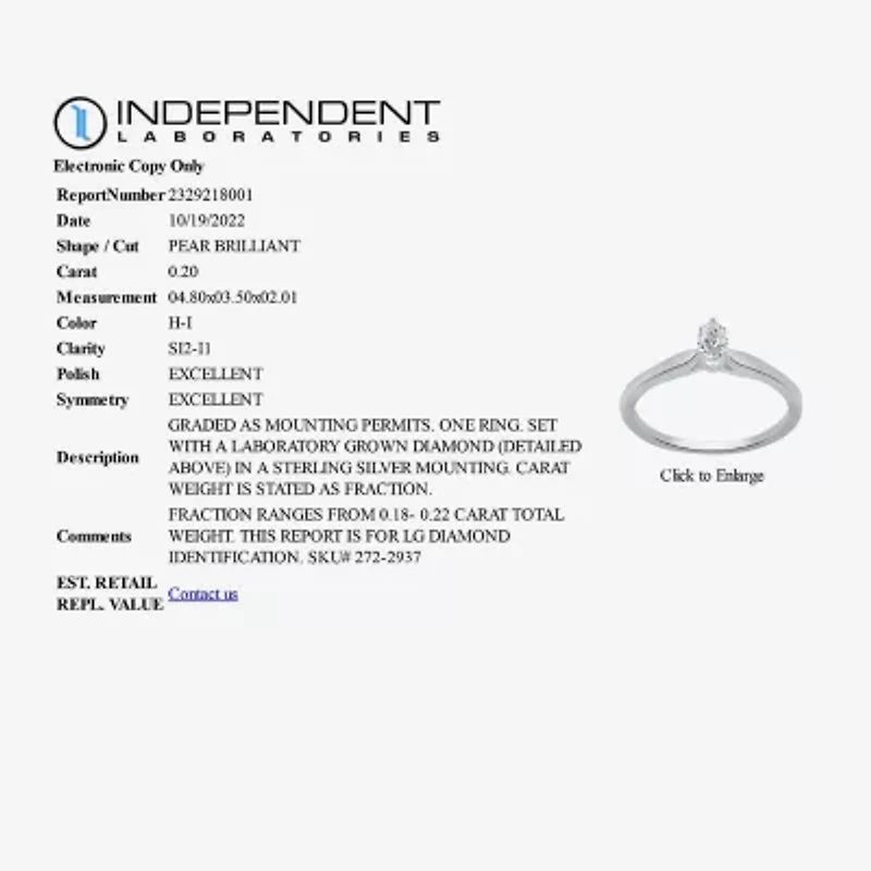 I Said Yes (H-I / Si2-I1) Womens 1/5 CT.  Lab Grown White Diamond Sterling Silver Pear Solitaire Engagement Ring