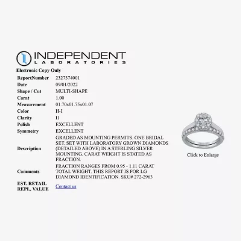 I Said Yes (H-I / I1) Womens 1 CT. T.W. Lab Grown White Diamond Sterling Silver or 14K Gold Over Silver Oval Side Stone Halo Bridal Set