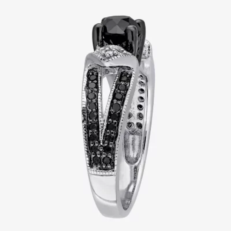 Womens 1 CT.T.W. Color Enhanced Round Black & White Diamond Sterling Silver Engagement Ring