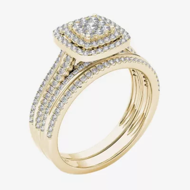 Womens 1/ CT. T.W. Natural White Diamond 10K Gold Cushion Halo Bridal Set